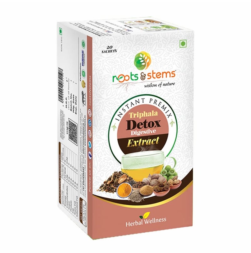 roots & stems جذور وأعشاب تريفلاء ديتوكس هضمي | مسحوق مستخلص جاهز فوري | مصنوع من 11 عشبًا وتوابل | للتخلص من السموم، الهضم، الإمساك، تخفيف التوتر والقلق | 60 جرام (3 جرام × 20 كيس) عبوة واحدة - Image 1