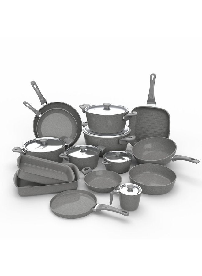 جرانيت طقم 21 ق ( ح 18-20-24-26-30 / م 24-30 / ووك 28 / جريل 28 / لبانة 16 / ص 30 / كريب 28 / طبق بيض 22 / طاجن 30-35 ) رمادي