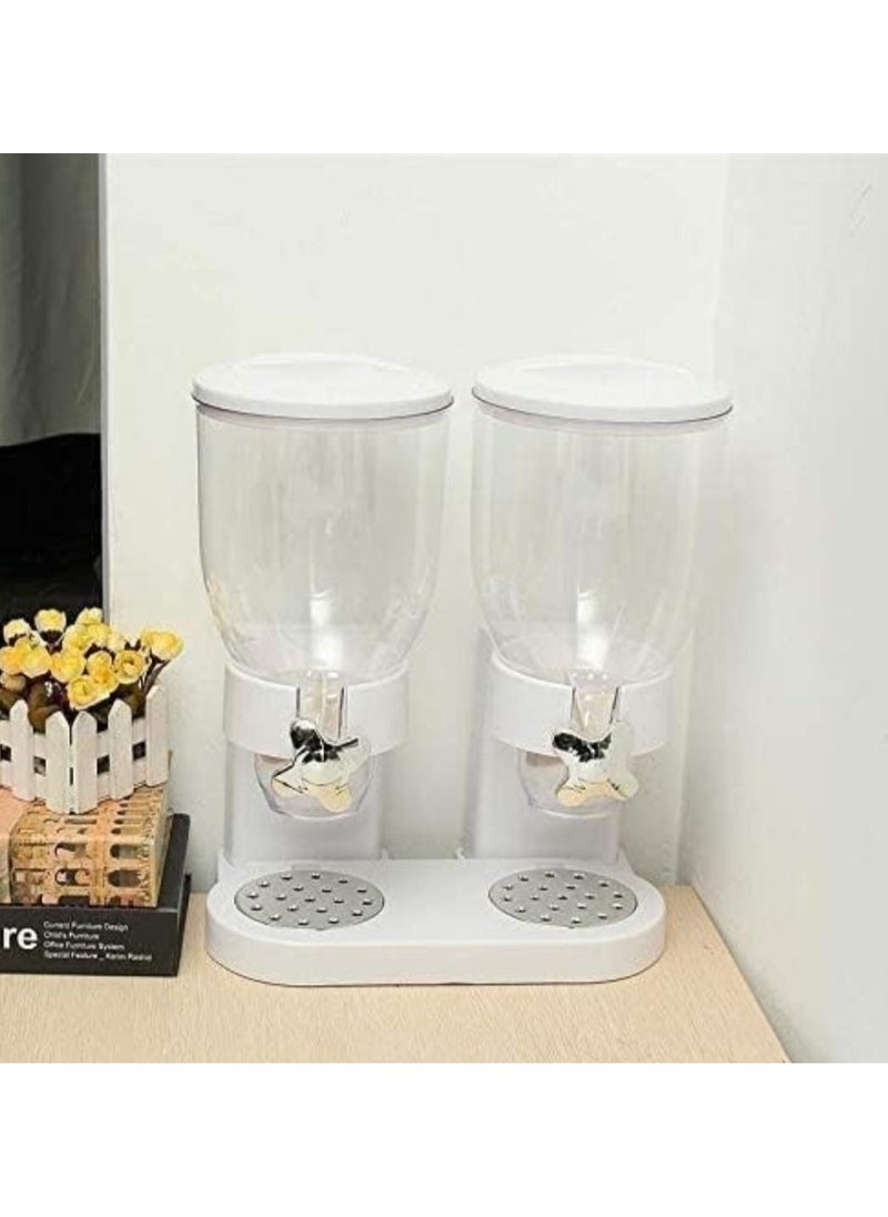 Double Head Cereal Dispenser - White, Dual Control Dry Food Storage Container, Airtight Cereal & Snack Dispenser for Kitchen Organization