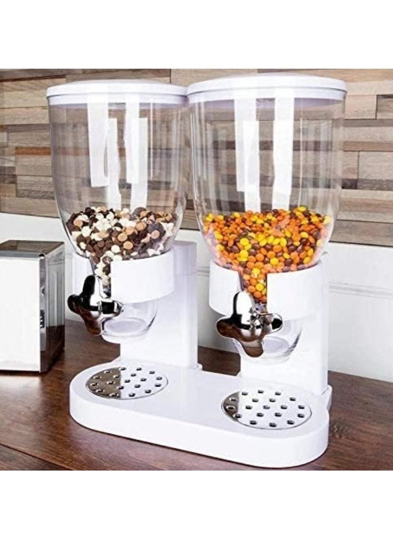 Double Head Cereal Dispenser - White, Dual Control Dry Food Storage Container, Airtight Cereal & Snack Dispenser for Kitchen Organization