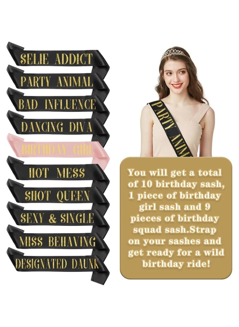 Generic - 10 Pack Birthday Sash for Women Group,Happy Birthday Party Supplies Sashes Favors Decorations for Women,Birthday Squad Girls Glitter Sash Set,9 Funny Sashes,1 Birthday Girl Sash(Black and Rose Gold) - Image 1