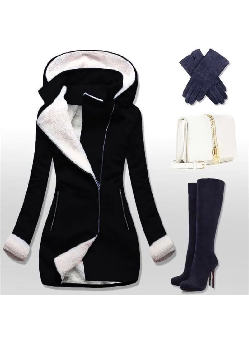 Barbora Winter Casual Cashmere Women's Hooded Black Coat