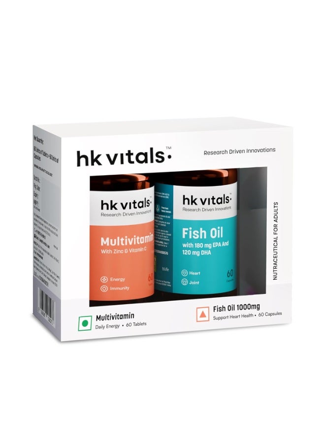 hk vitals Fish Oil and Multivitamin (60 Tablets Each) Combo Pack | 1000mg Omega 3 with 180mg EPA & 120mg DHA | Enhances Energy, Immunity & Joints Health - Image 1