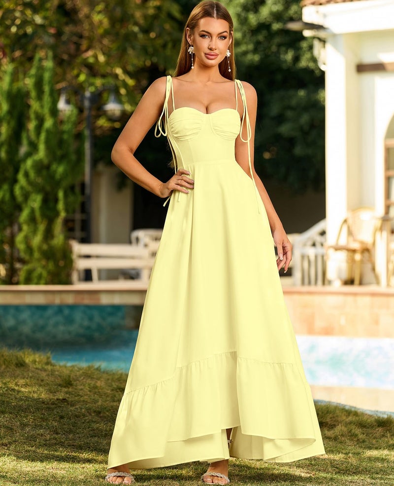 GLNEGE Women's Summer Spaghetti Strap Maxi Wedding Guest Dress Smocked Ruffle Tea Party Dresses Flowy A Line Sundress Yellow - Image 2