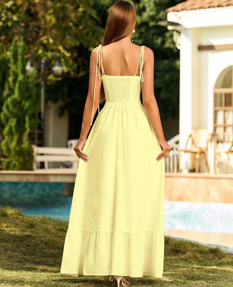 GLNEGE Women's Summer Spaghetti Strap Maxi Wedding Guest Dress Smocked Ruffle Tea Party Dresses Flowy A Line Sundress Yellow - Image 3