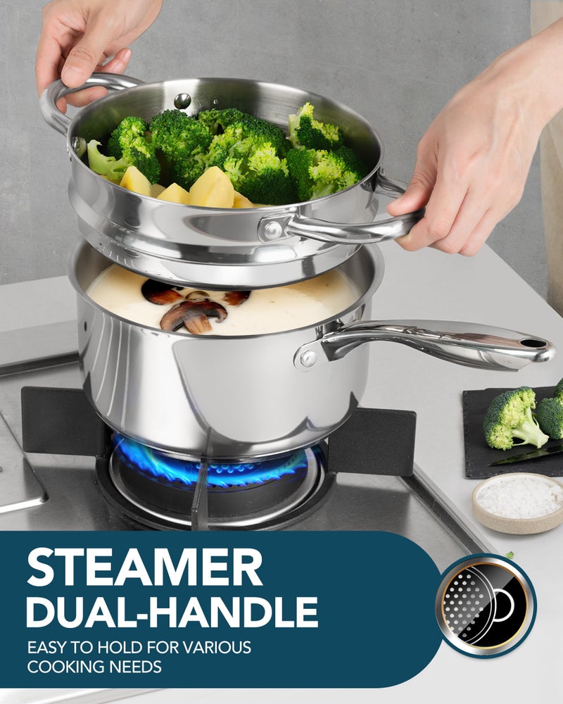 MICHELANGELO 1.5 Quart Saucepan with Steamer, Stainless Steel Saucepan with Lid, Triply Bottom Induction Compatible, Multipurpose Sauce Pot, Dishwasher Safe - Image 2