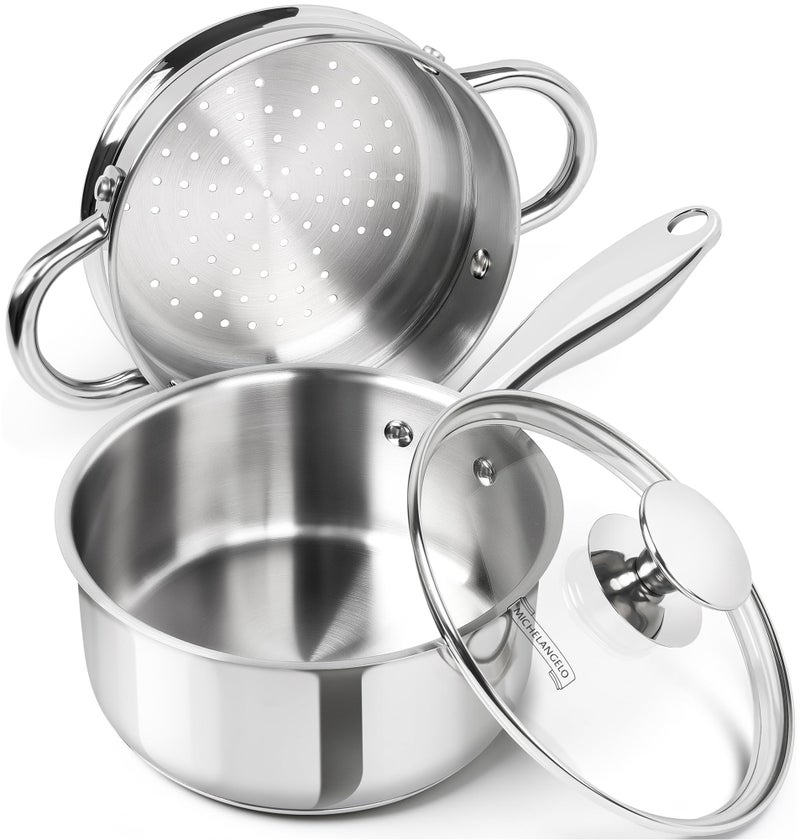 MICHELANGELO 1.5 Quart Saucepan with Steamer, Stainless Steel Saucepan with Lid, Triply Bottom Induction Compatible, Multipurpose Sauce Pot, Dishwasher Safe - Image 1
