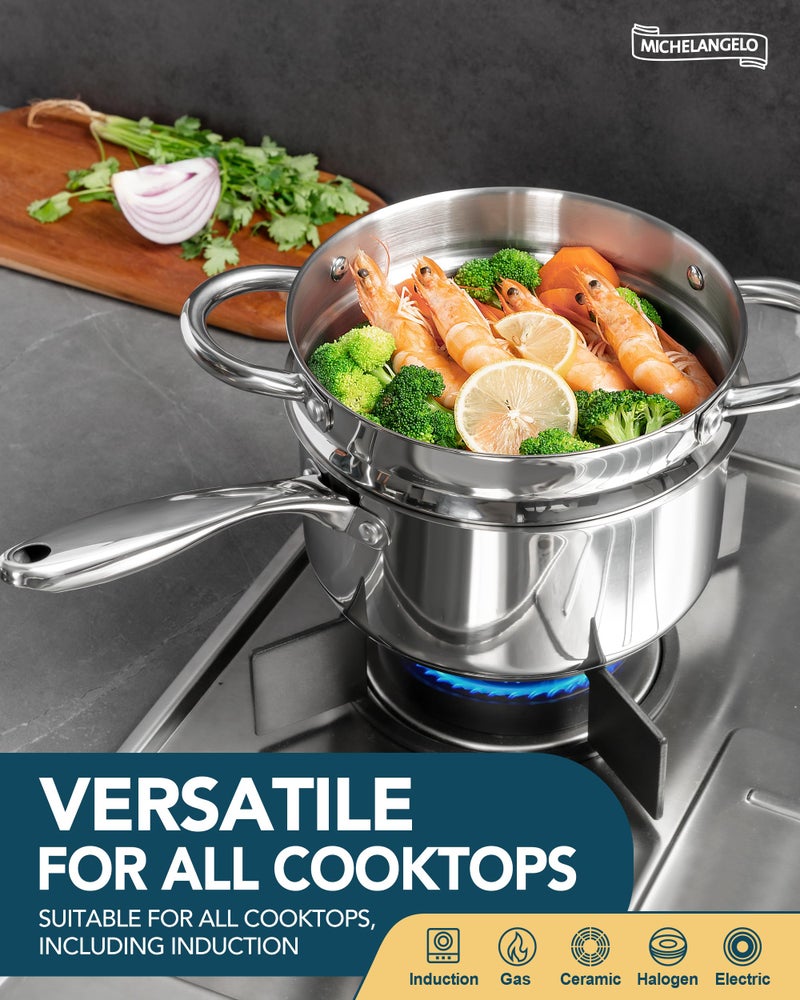 MICHELANGELO 1.5 Quart Saucepan with Steamer, Stainless Steel Saucepan with Lid, Triply Bottom Induction Compatible, Multipurpose Sauce Pot, Dishwasher Safe - Image 5