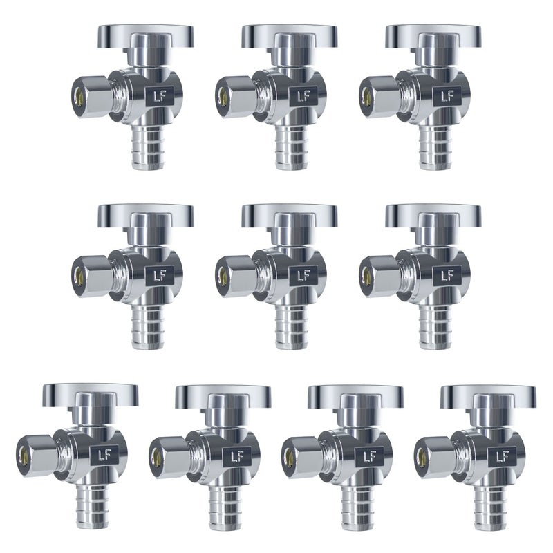 VINTEX Angle Stop Valve 10 Pack 12 Pex x 38 OD Compression Quarter Turn Water Shut Off Valve with 10 Pcs Clamp RingsSolid Brass Pex CPVC