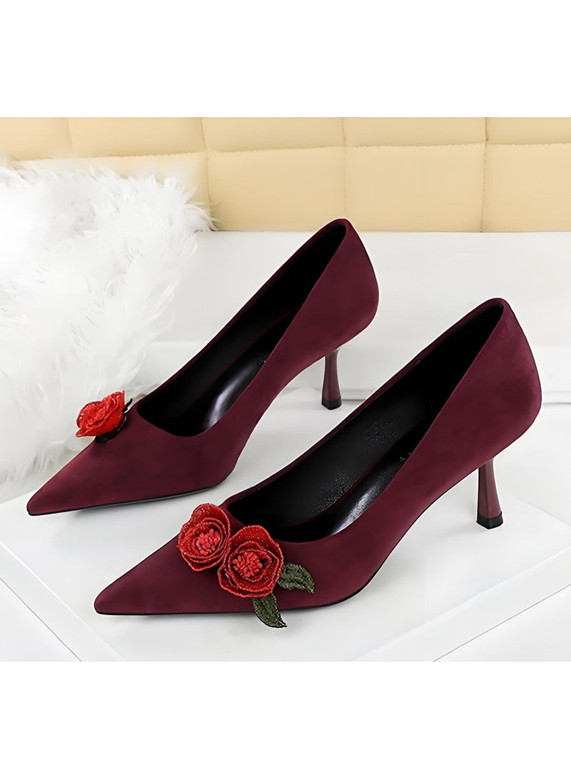 بيج تري النساء ورد الزهور ديكور مغلق إصبع القدم عالية الكعب مضخات النبيذ الأحمر 6.5CM - Image 1