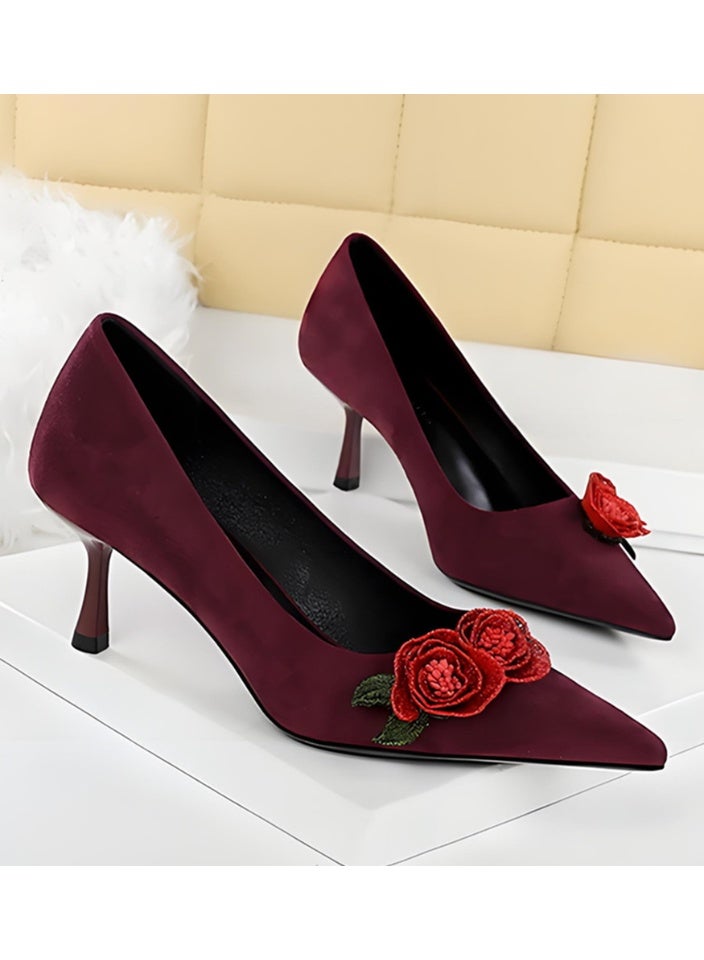 بيج تري النساء ورد الزهور ديكور مغلق إصبع القدم عالية الكعب مضخات النبيذ الأحمر 6.5CM - Image 2