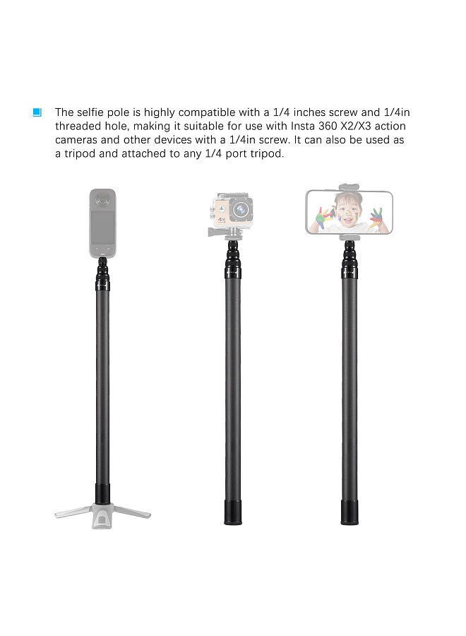ANDOER Andoer 2.1 Meters/82.6 Inches Portable Selfie Stick Telescoping Selfie Stand Carbon Fiber 3 Sections with 1/4in Screw Compatible with INSTA360 X2/X3  - Image 5