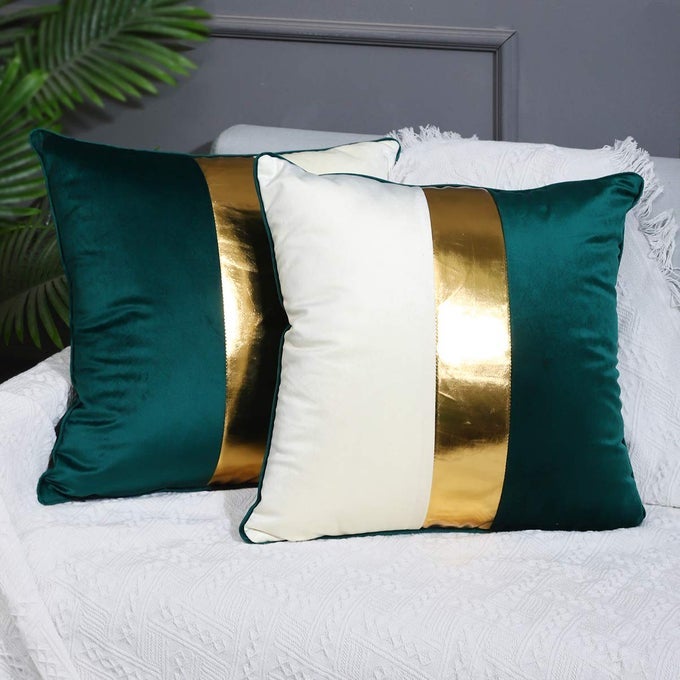 TEAL BEIGE GOLD LEATHER PATCHWORK VELVET THROW PILLOW COVER 18X18 SET OF 2 LUXURY MODERN HOME DECOR CUSHION COVER DECORATIVE PILLOW FOR COUCH LIVING ROOM BEDROOM CAR TEAL 18X18