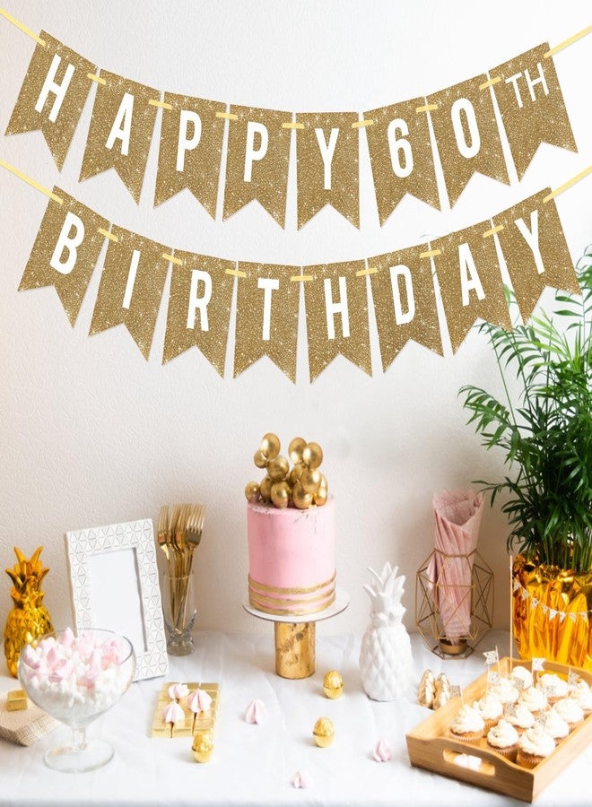 Netnology Pre-Strung Gold Happy 60th Birthday Banner Decorations,12 ft No DIY Gold Glitter 60th Birthday Party Banner Sign Decor for Women Men Girl Boy Party Supplies - Image 4