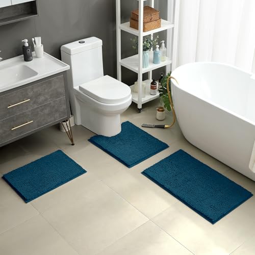 HOMEIDEAS 3 Pieces Bathroom Rugs Extra Large Ultra Soft Non Slip Absorbent Chenille Toilet Bath Mat Set Atlantic Blue - Image 3