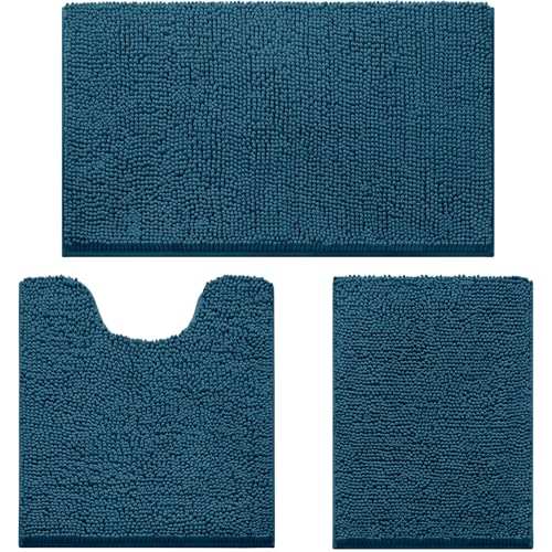 HOMEIDEAS 3 Pieces Bathroom Rugs Extra Large Ultra Soft Non Slip Absorbent Chenille Toilet Bath Mat Set Atlantic Blue - Image 1