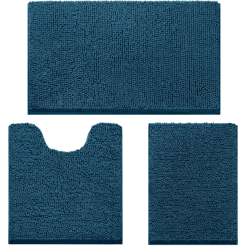 HOMEIDEAS 3 Pieces Bathroom Rugs Extra Large Ultra Soft Non Slip Absorbent Chenille Toilet Bath Mat Set Atlantic Blue - Image 2