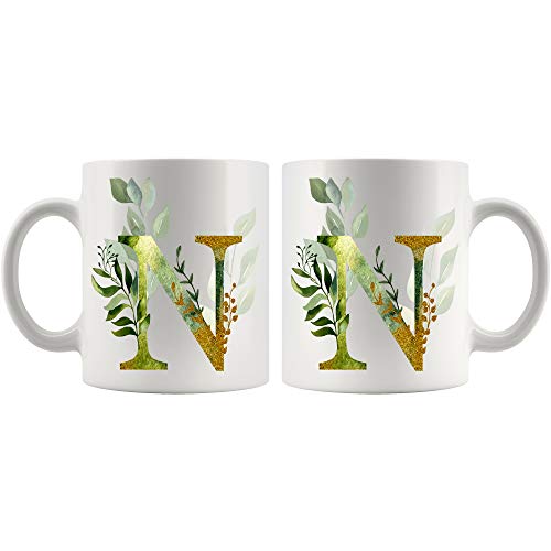 Moon9xx Alpha/N Graphic Letter N Coffee Mug - Alphabet Letter Monogram N - Gold Shimmer Any Letter Floral Alphabet Tea Coffee Hot Chocolate Cup For Her Birthday Christmas Mothers Day Coffee Mug 11oz - Image 3