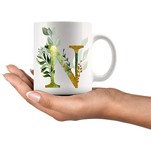 Moon9xx Alpha/N Graphic Letter N Coffee Mug - Alphabet Letter Monogram N - Gold Shimmer Any Letter Floral Alphabet Tea Coffee Hot Chocolate Cup For Her Birthday Christmas Mothers Day Coffee Mug 11oz - Image 2