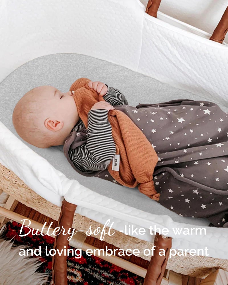 TotCare Bassinet Fitted Sheets Compatible with SNOO Happiest Baby Oval Bassinet - Buttery Soft, Silky Comfort, Premium Stretchy Jersey Knit Sheets - Navy + Grey + Cloud, 3 Pack - Image 3