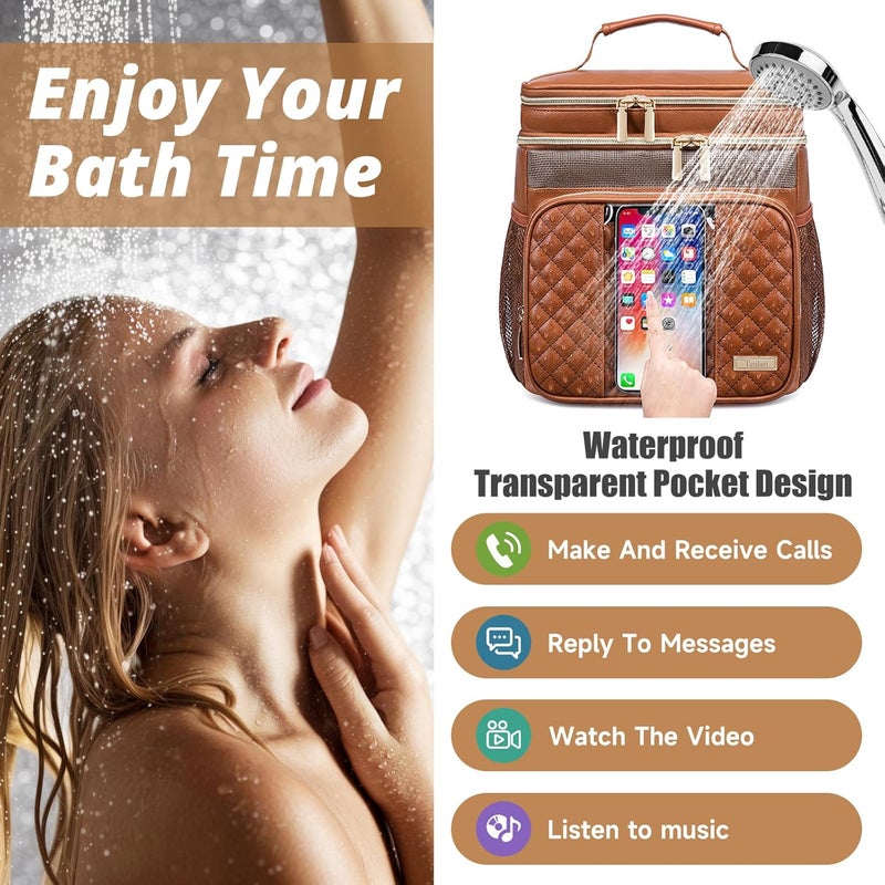 Tealari Large Leather Toiletry Bag for Women Men,Bathroom Bag,Water Resistant Shower Bag,Makeup Bag,Portable Shower Caddy for College Dorm,Hanging Travel Toiletry Bag with Transparent Waterproof Phone Pocket - Image 3