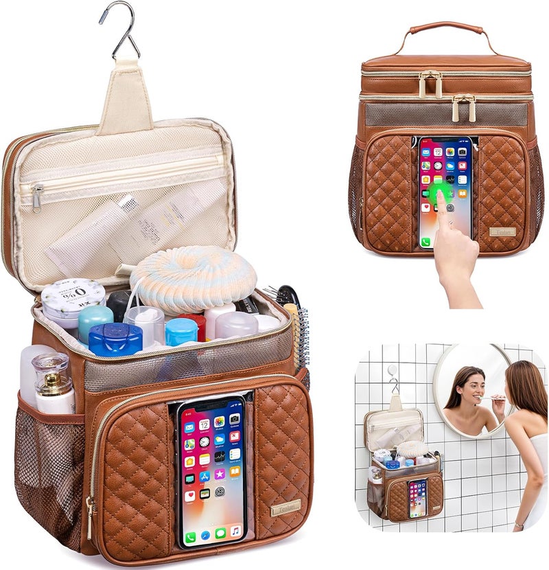 Tealari Large Leather Toiletry Bag for Women Men,Bathroom Bag,Water Resistant Shower Bag,Makeup Bag,Portable Shower Caddy for College Dorm,Hanging Travel Toiletry Bag with Transparent Waterproof Phone Pocket - Image 2