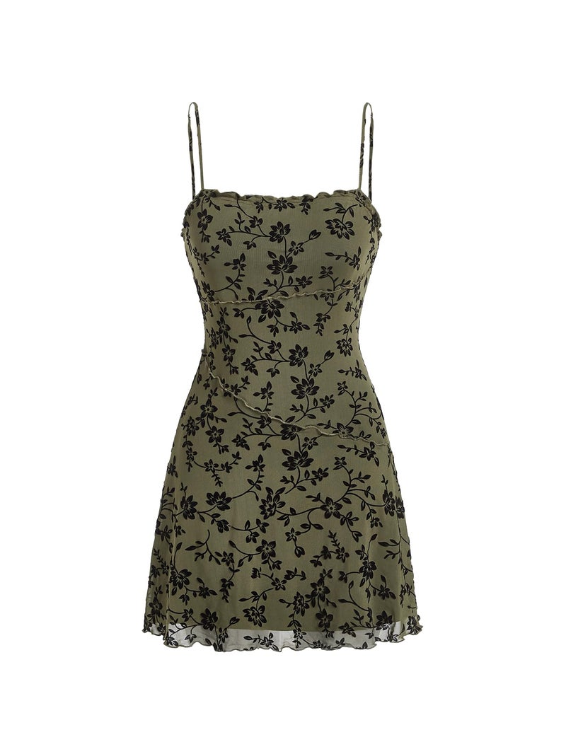 Verdusa Women's Mini Dress Floral Spaghetti Strap Mesh Short Dresses Going Out Sundress Y2k Gothic Clothes Green Floral Small - Image 1