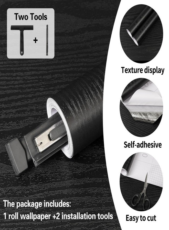 Abyssaly Black Wood Grain Contact Paper Peel and Stick Wallpaper Wooden Look Self-Adhesive Thicken Wallpaper Vinyl Wrap for Cabinets Countertops Shelf with Scraper, Paper Cutter 17.7" x 118" - Image 3