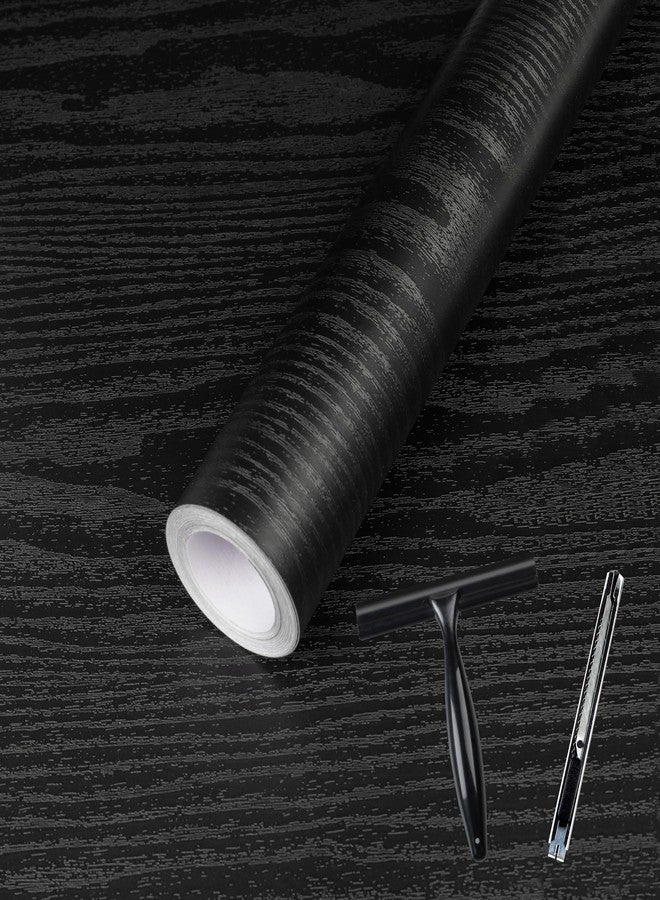 Abyssaly Black Wood Grain Contact Paper Peel and Stick Wallpaper Wooden Look Self-Adhesive Thicken Wallpaper Vinyl Wrap for Cabinets Countertops Shelf with Scraper, Paper Cutter 17.7" x 118" - Image 1