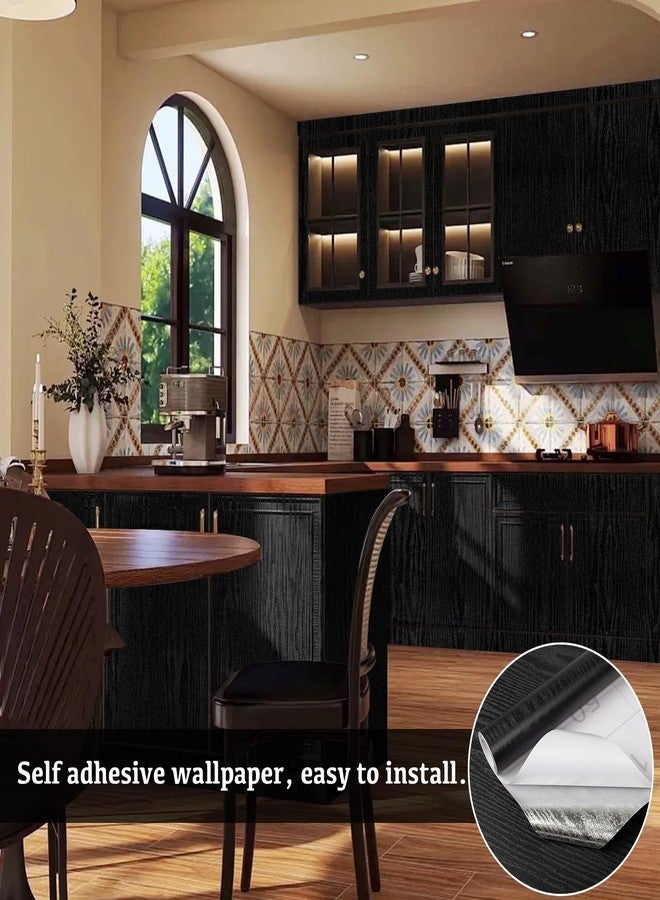 Abyssaly Black Wood Grain Contact Paper Peel and Stick Wallpaper Wooden Look Self-Adhesive Thicken Wallpaper Vinyl Wrap for Cabinets Countertops Shelf with Scraper, Paper Cutter 17.7" x 118" - Image 2