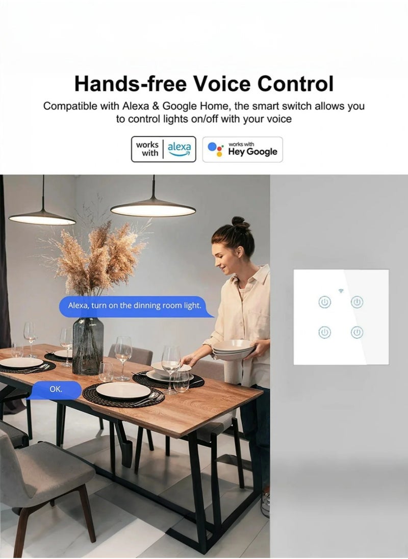 Smart WiFi Touch Light Switch 4 Gang, No Neutral Wire Required & Neutral Wire Compatible, Works with Alexa, Google Home, Apple HomeKit (via CozyLife), eWeLink App Control, Timer & Share Function