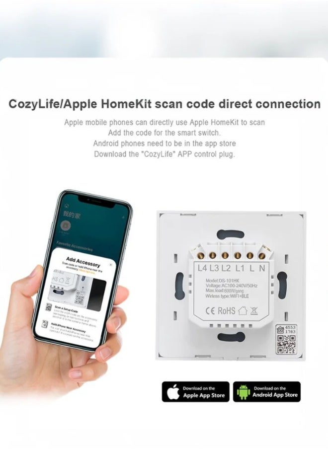 Smart WiFi Touch Light Switch 4 Gang, No Neutral Wire Required & Neutral Wire Compatible, Works with Alexa, Google Home, Apple HomeKit (via CozyLife), eWeLink App Control, Timer & Share Function