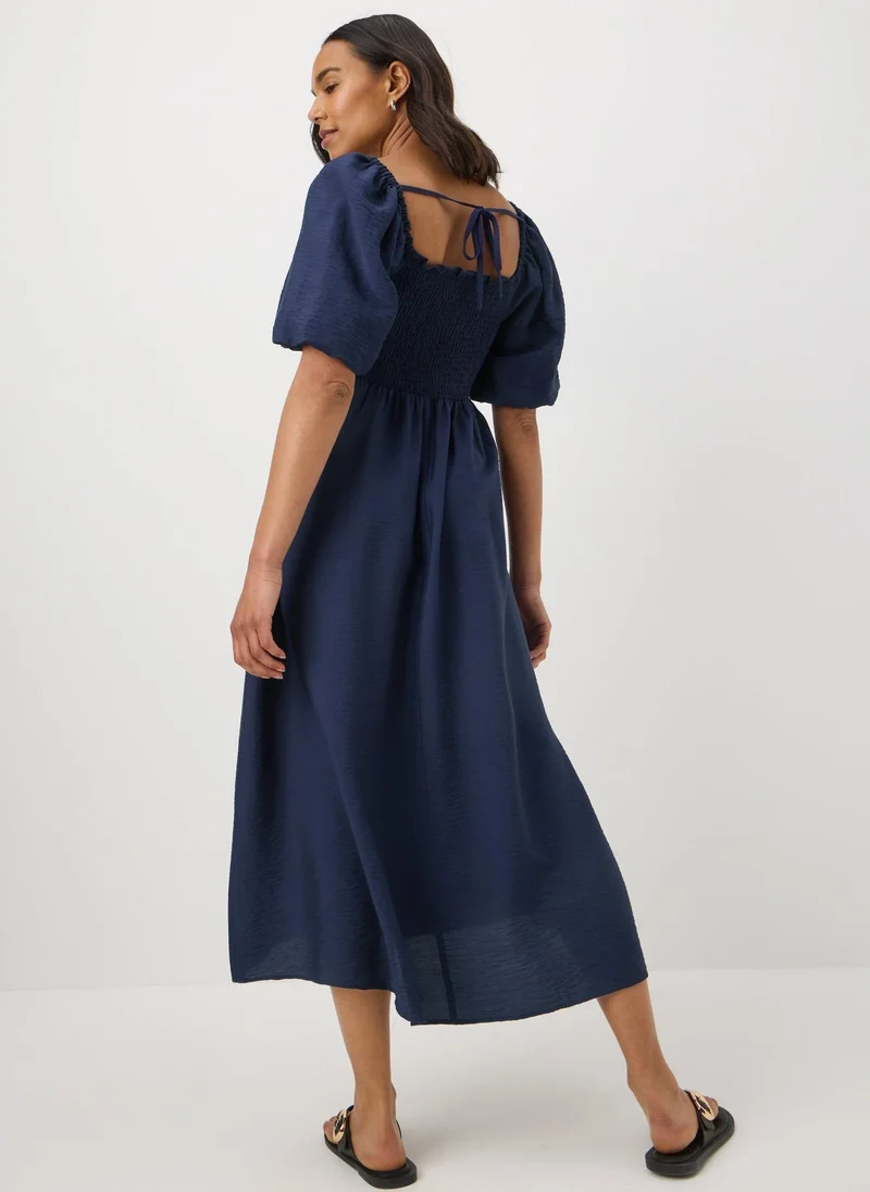 Matalan Navy Shirred Puff Sleeve Midi Dress