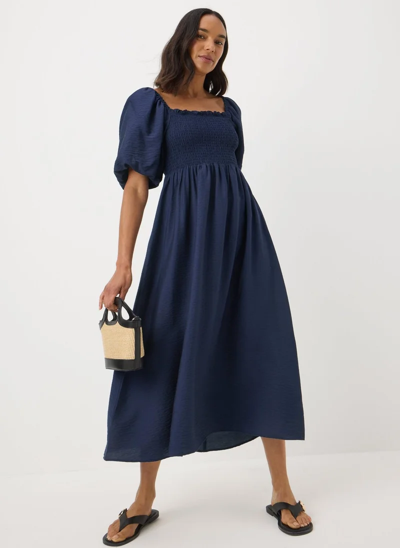 Matalan Navy Shirred Puff Sleeve Midi Dress