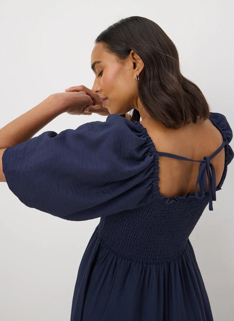 Matalan Navy Shirred Puff Sleeve Midi Dress