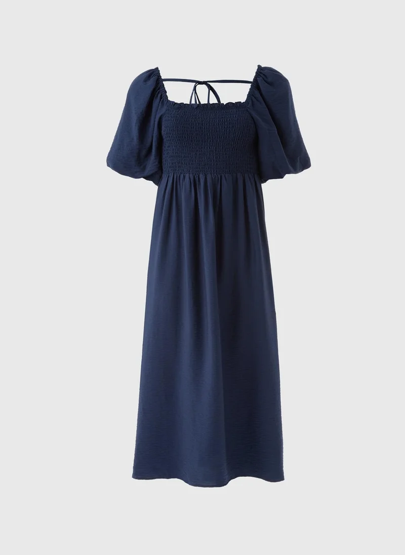 Matalan Navy Shirred Puff Sleeve Midi Dress