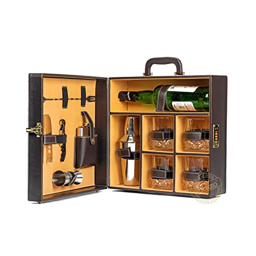 Abrazo Faux Leather Portable Bar Set | Portable Bar Set | Bar Tool Set | Bartender Kit | Brown 4 Glass | Cocktail Shaker | Barset for Picnic | Gifting | Gifting for Men - Image 1