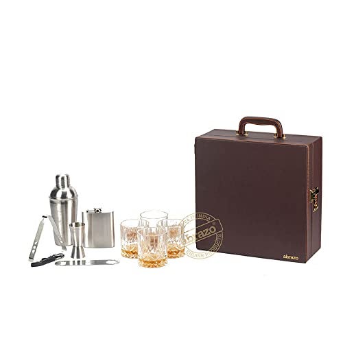 Abrazo Faux Leather Portable Bar Set | Portable Bar Set | Bar Tool Set | Bartender Kit | Brown 4 Glass | Cocktail Shaker | Barset for Picnic | Gifting | Gifting for Men - Image 2