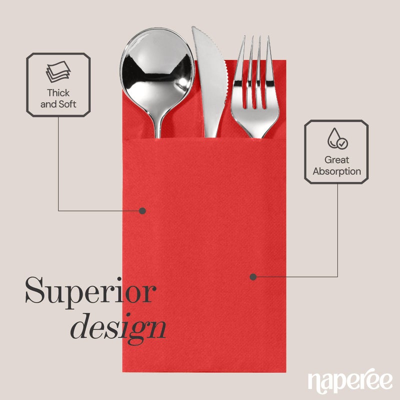 NAPEREE 100-Pack Disposable Napkins With Pocket For Flatware, Red Napkins Paper For Christmas, Wedding, Dinner Or Party, Built-In Pocket For Silverware, Prefolded - Image 3