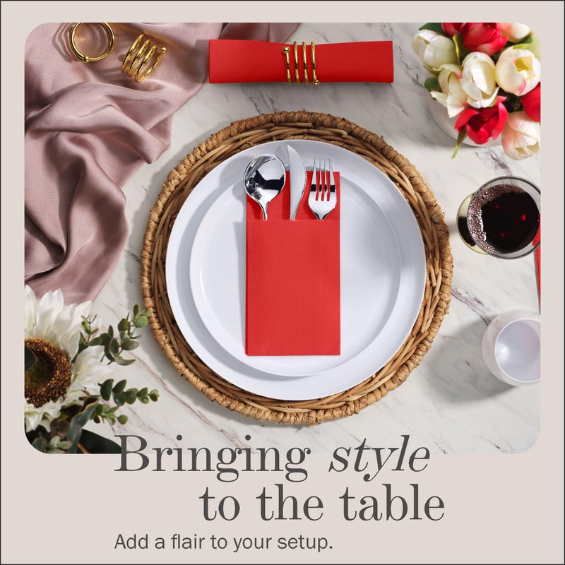 NAPEREE 100-Pack Disposable Napkins With Pocket For Flatware, Red Napkins Paper For Christmas, Wedding, Dinner Or Party, Built-In Pocket For Silverware, Prefolded - Image 2