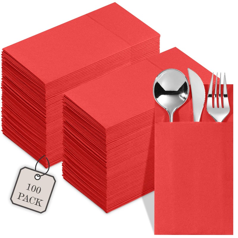 NAPEREE 100-Pack Disposable Napkins With Pocket For Flatware, Red Napkins Paper For Christmas, Wedding, Dinner Or Party, Built-In Pocket For Silverware, Prefolded - Image 1