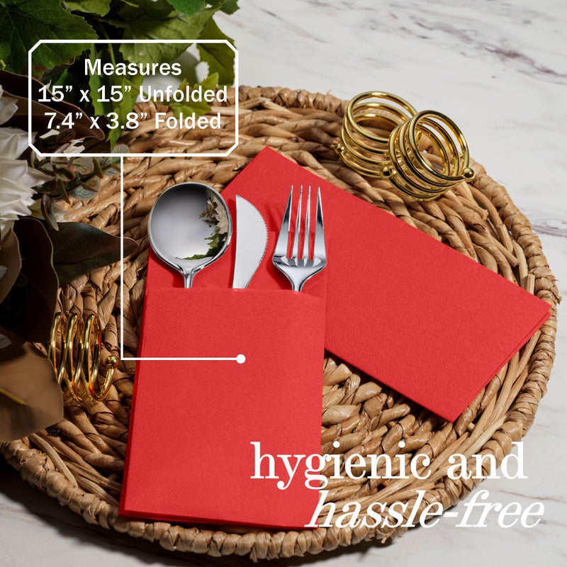 NAPEREE 100-Pack Disposable Napkins With Pocket For Flatware, Red Napkins Paper For Christmas, Wedding, Dinner Or Party, Built-In Pocket For Silverware, Prefolded - Image 4