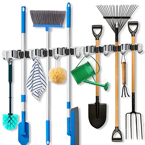 ZONGOOL ZONGOOL 2 Pack Mop Broom Holder Wall Mount Broom Organizer Mop and Broom Storage Tool Racks Stainless Steel Self Adhesive Wall Hanger for Home Kitchen Garden Laundry Garage 3 Racks 4 Hooks 