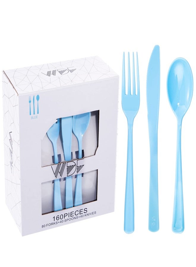 WDF 160 Piece Blue Plastic Silverware - Heavy Duty Blue Silverware Includes 80 Forks, 40 Spoons, 40 Knives, Disposable Plastic Utensils Perfect for Wedding/Birthday/Party - Image 1