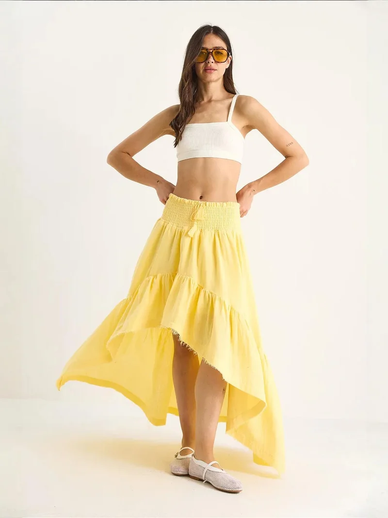 Bianco Lucci Lemon Yellow LUCCI Textured Frilly Midi Skirt for Women | Best Price UAE