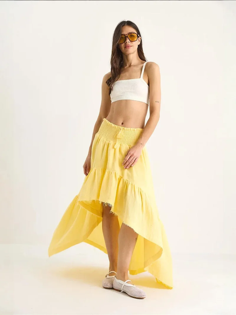 Bianco Lucci Lemon Yellow LUCCI Textured Frilly Midi Skirt for Women | Best Price UAE
