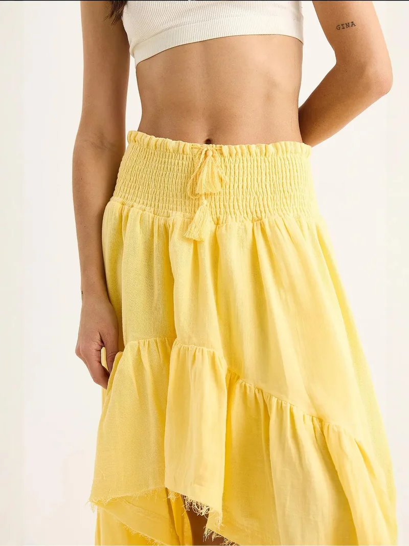 Bianco Lucci Lemon Yellow LUCCI Textured Frilly Midi Skirt for Women | Best Price UAE