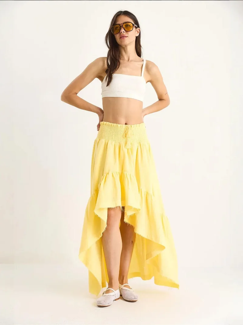 Bianco Lucci Lemon Yellow LUCCI Textured Frilly Midi Skirt for Women | Best Price UAE