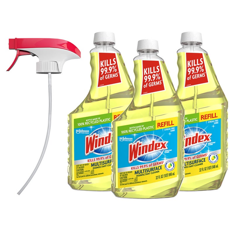 Windex Refill Multipurpose Disinfectant Cleaner Spray with Reusable Trigger, Bottle Made from 100% Recovered Coastal Plastic, Surface Cleaning Spray, Citrus Fresh Scent, 32 Fl Oz (Pack of 3) - Image 1
