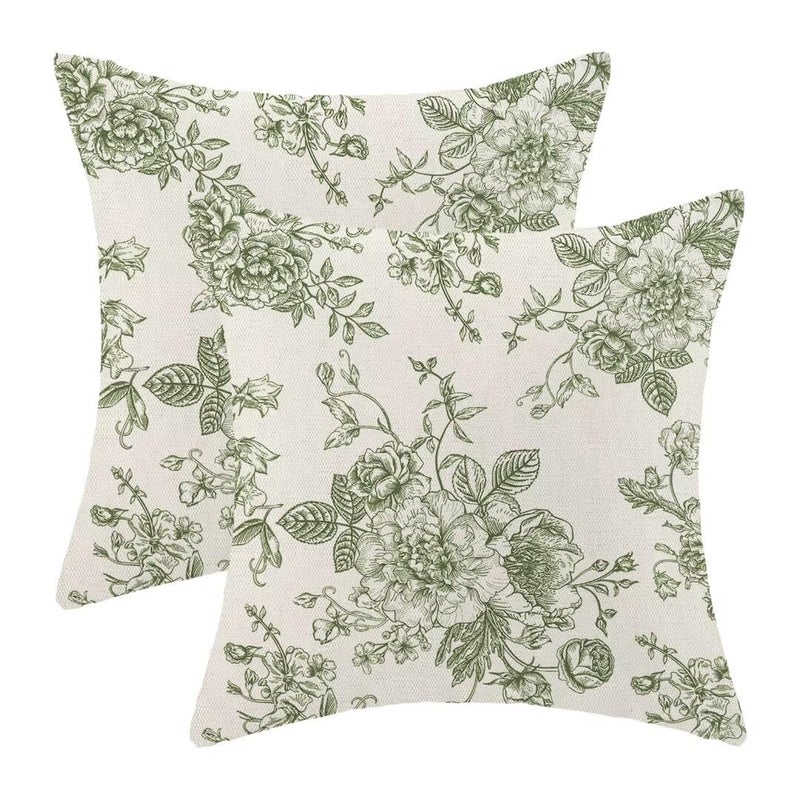 AEIOAE Chinoiserie Floral Pillow Covers 18 x 18 Inch Set of 2, Vintage Sage Green Flower Decorative Throw Pillow Covers Outdoor Linen Farmhouse Decor Pillowcase for Home Sofa - Image 1